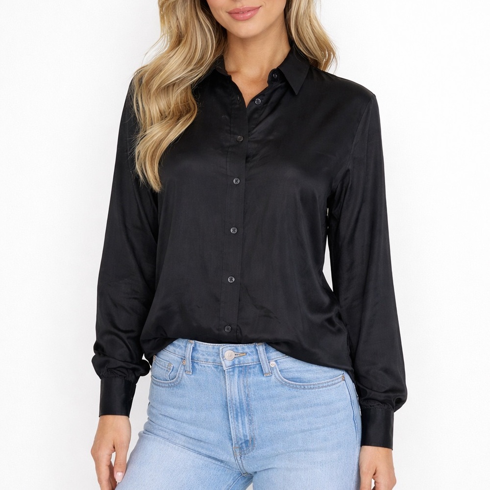 Candici‎ 100% silk black button down long sleeve shirt, size 12